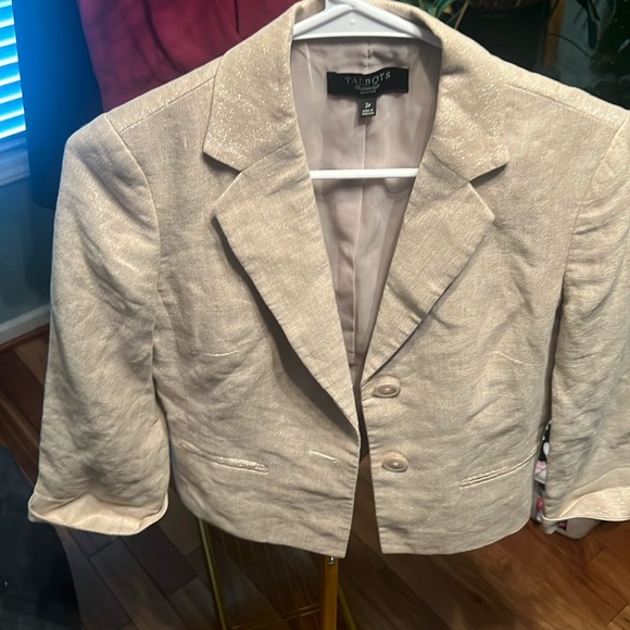 Talbots blazer, size 2P, linen blend EUC, khaki color with a sparkle - Picture 1 of 8